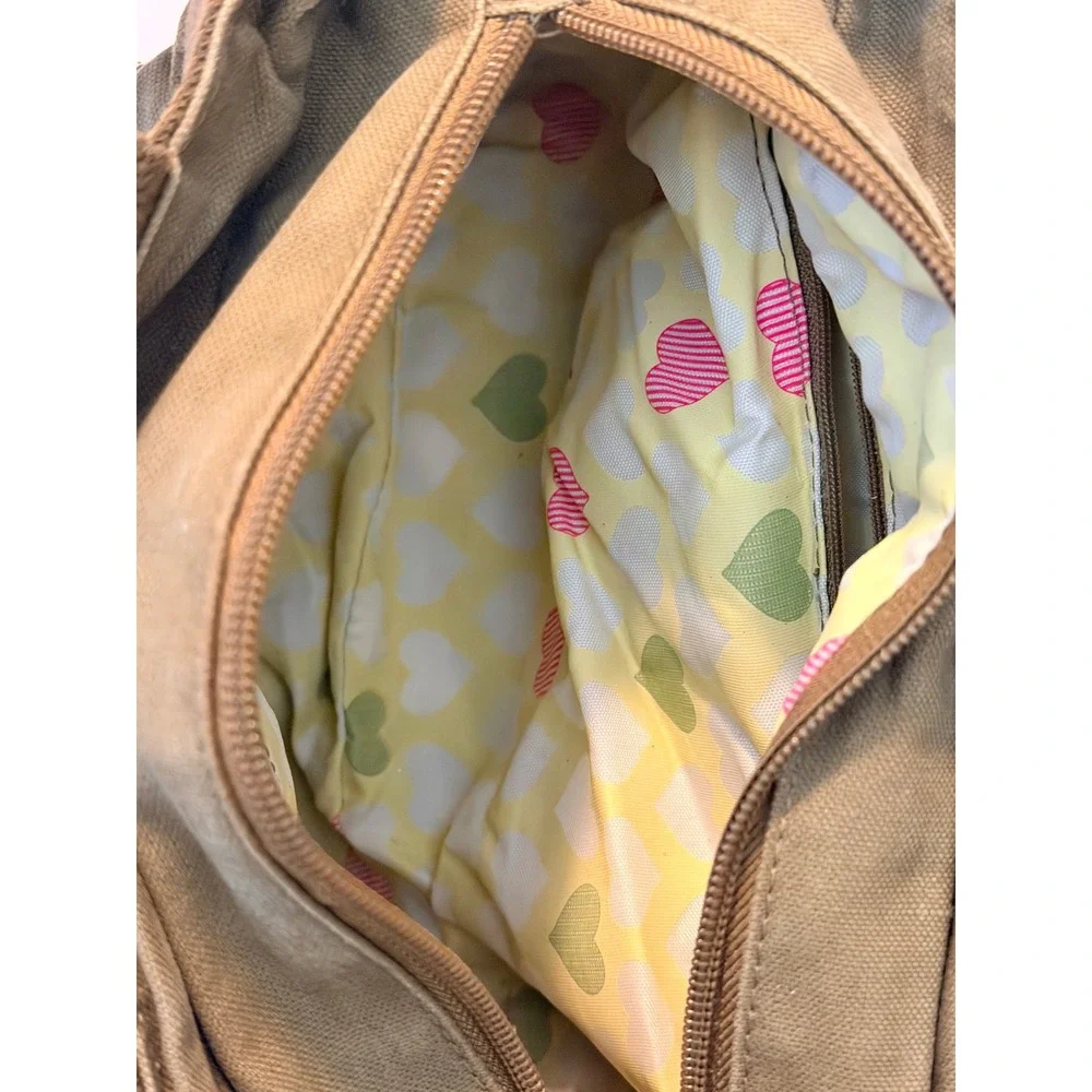 Hurley Canvas Tote Bag Olive Green Utility Multi Pocket Heart Print Lining